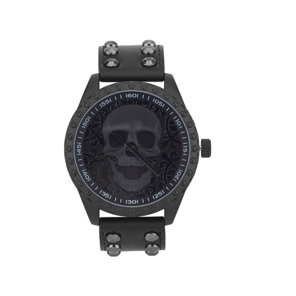 Ed Hardy Men’s Skull Print Dial Matte Black Studded Strap Analog Watch … - Picture 4 of 7